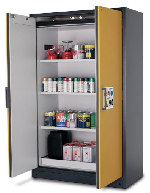 Bezpečnostní skříň s požární odolností 90min_3x police, 1x spodní záchytná vana, ocelový poplastovaný plech